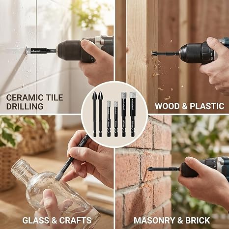 6PCS Tile Drill Bit Set, Porcelain Tile Drill Bit, Tile Drill Bit 6/8/10/12mm, Six Hex Shank Drill Bits, Diamond Drill Bit for Granite, Ceramic, Marble Stone and Glass