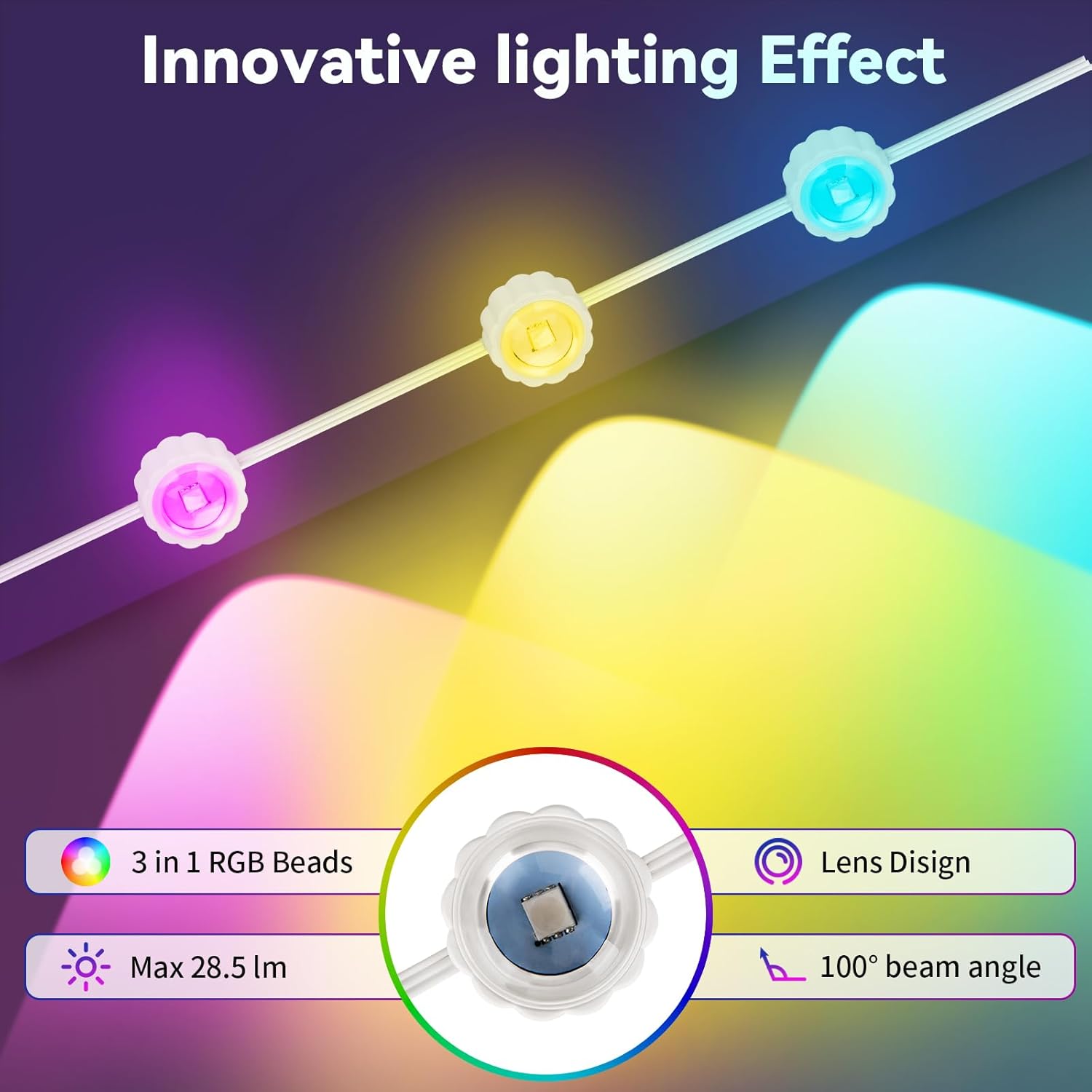 Permanent Outdoor Lights, 104FT RGB String Downlights with Colors Scene Modes, IP67 Waterproof Smart LED Eaves Lights for Christmas, Halloween, Party