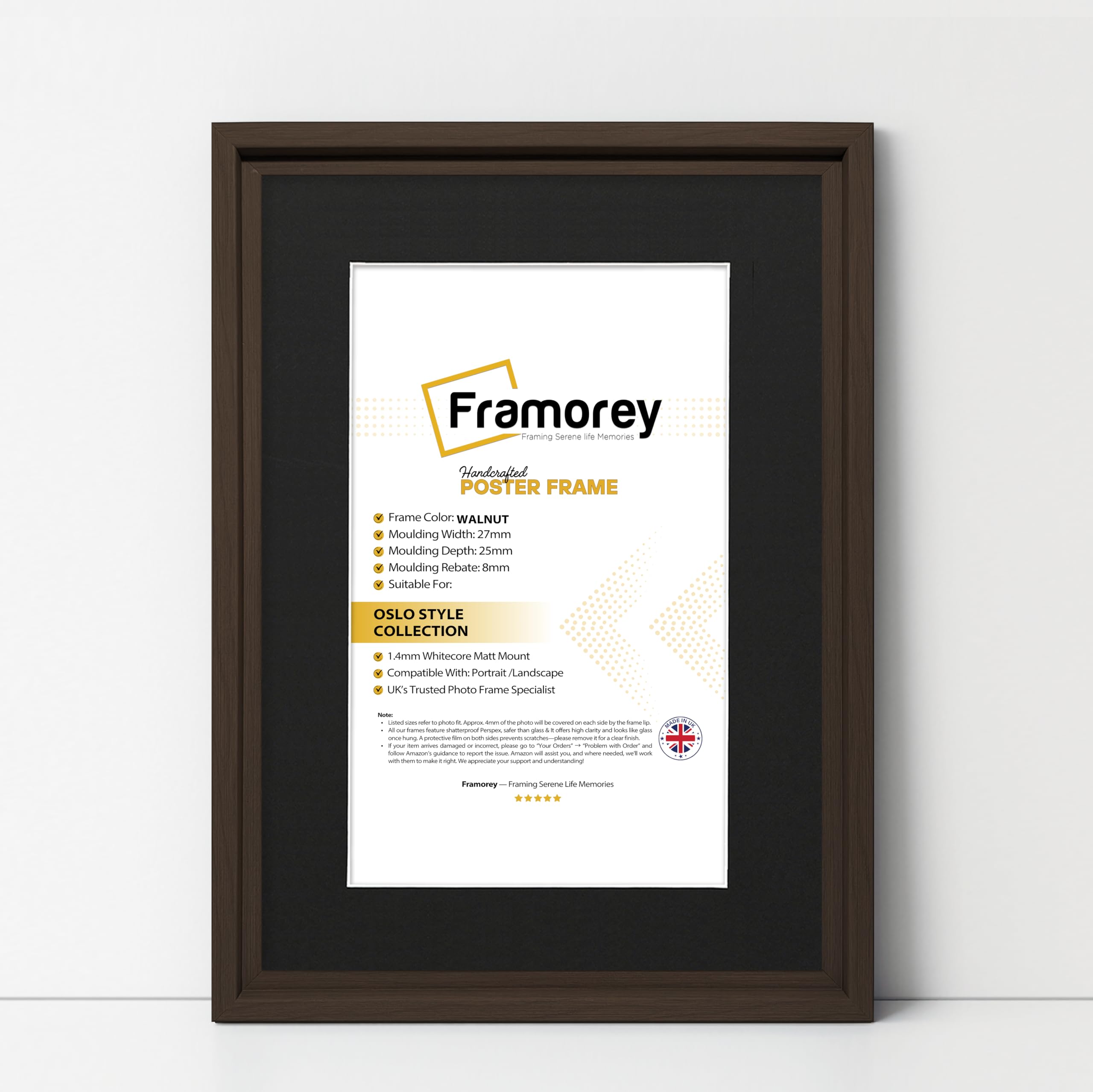 FRAMOREY Oslo Style Picture Frame, 24x14" Walnut With 20x10" Black Mount, Photo College, Home Decor