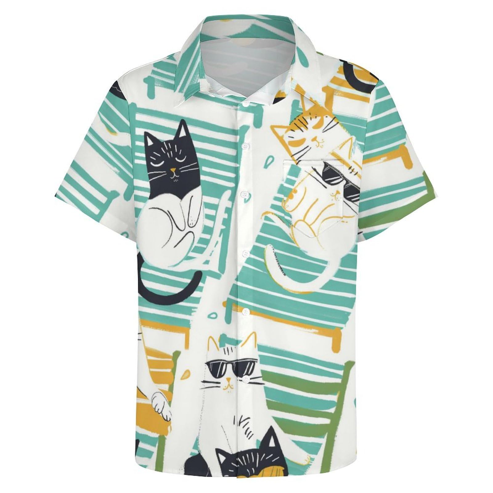 Hehanus Cute Cat Mens Hawaiian Shirts Funny Cat Print Short Sleeve Aloha Beach Shirt Summer Button Down Shirt