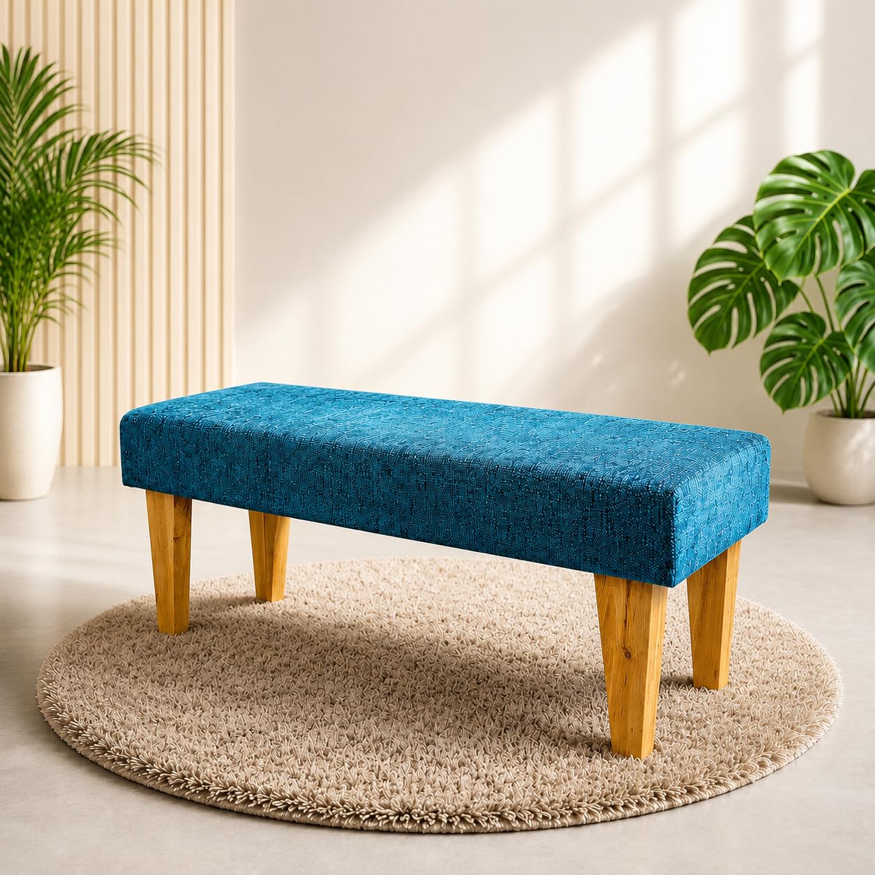 3 Seater Wooden Bench | Imported Indonesian Pine Wood & Upholstered Cushion | for Living Room, Dining Table, Entrance, Home Gym | 42 x 16 Inch - Termite & Waterproof-image-46