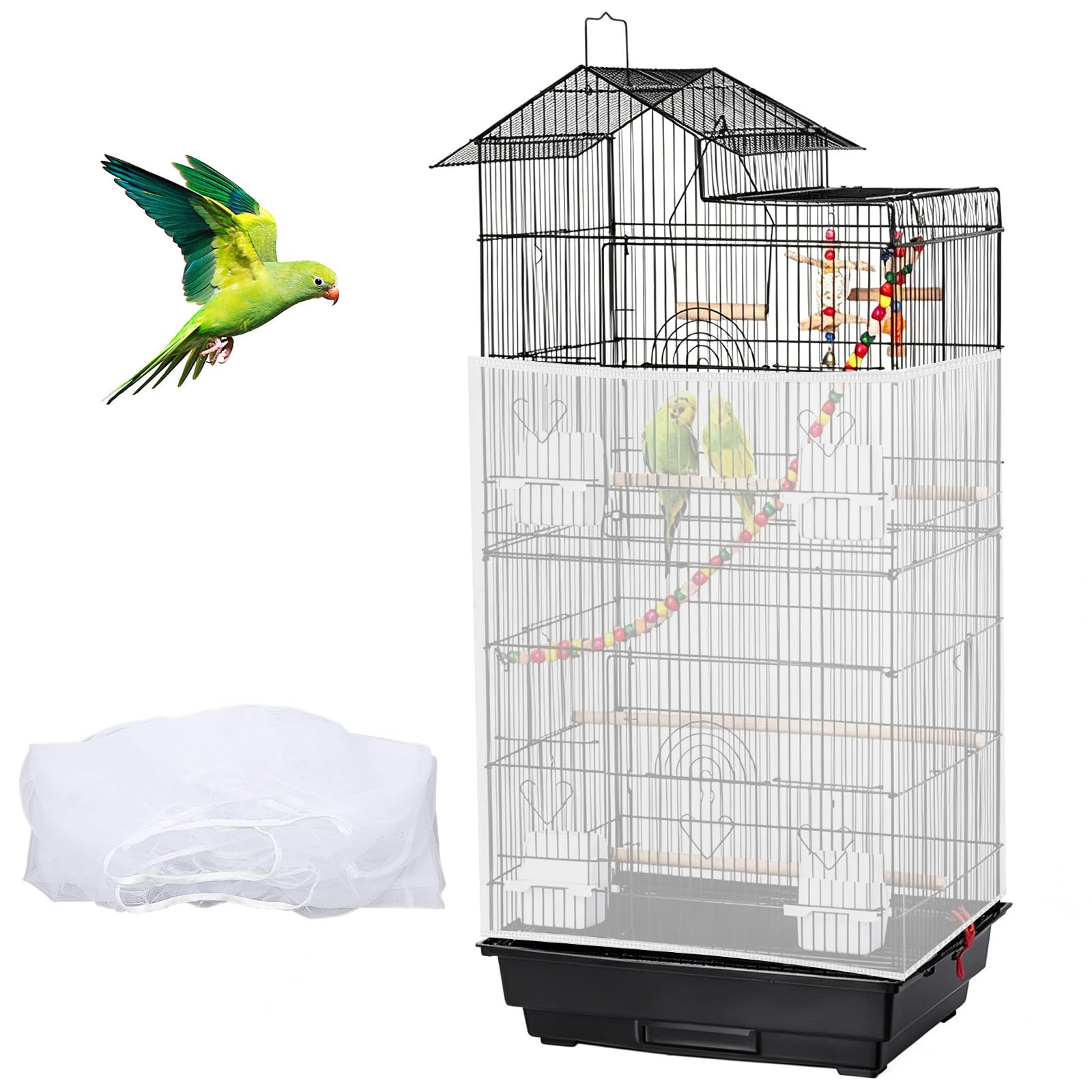 Large Bird Cage Seed Catcher, Universal Bird Cage Net Cover 31" x 118", Adjustable Nylon Mesh Skirt with Elastic Band for Parrot & Parakeet Cages (Not Include Birdcage) - White