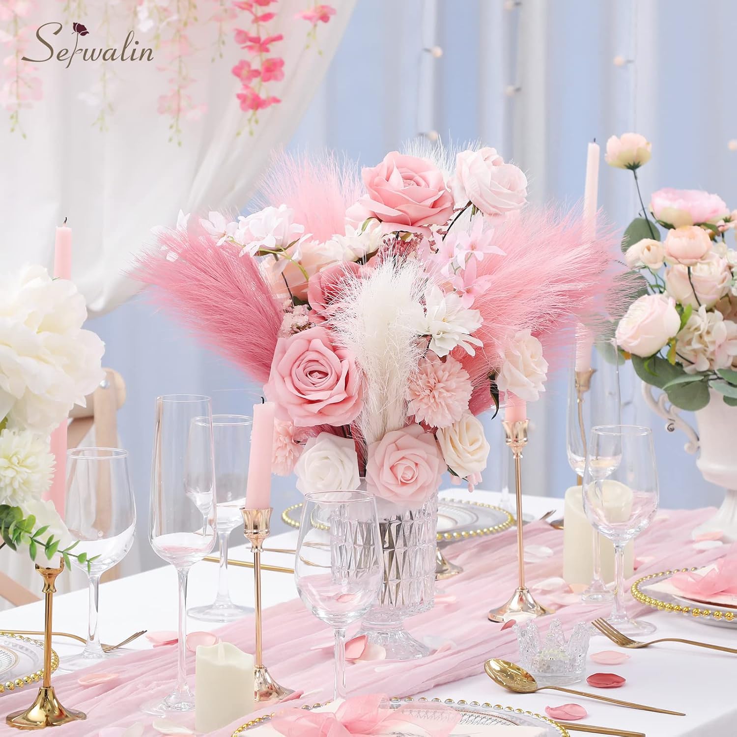 Serwalin 𝟲𝟬 𝙎𝙩𝙪̈𝙘𝙠 Rosa Pampasgras Dekor 45cm Kleine Rosa Pampasgras Künstliche Seidenblumen Home Decor Faux Federn für Vase Hellrosa Raumdekoration für Badezimmer Esszimmer Tisch Centerpiece