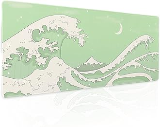 Matcha Green White Japanese Anime Gaming Mouse Pad XL Cute Kawaii Sage Aesthetic Wave Extended Large Desk Mat Non-Slip Rubber Base Stitched Edge Keyboard Mousepad for PC Office Laptop,31.5×11.8 in