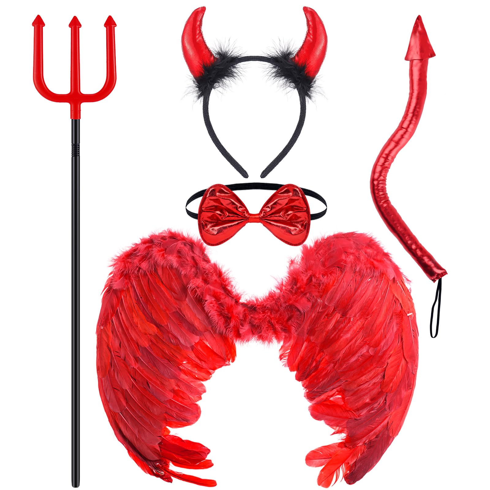 5 Pcs Devil Costume Set Includes Red Devil Horns Headband Bow Tie Tail Wings for Women for Halloween Cosplay Accessories