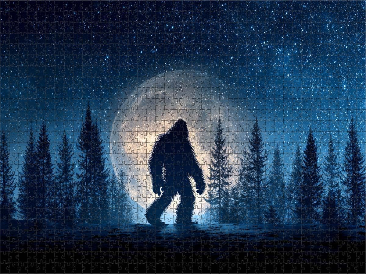 Bigfoot Sasquatch Night Forest Moon Starry Sky Pine Trees Silhouette Wooden Jigsaw Puzzle 1000 Pieces for Adults Digital Art Gift for Teens Boys Men Women Family Game Night Brain Teaser