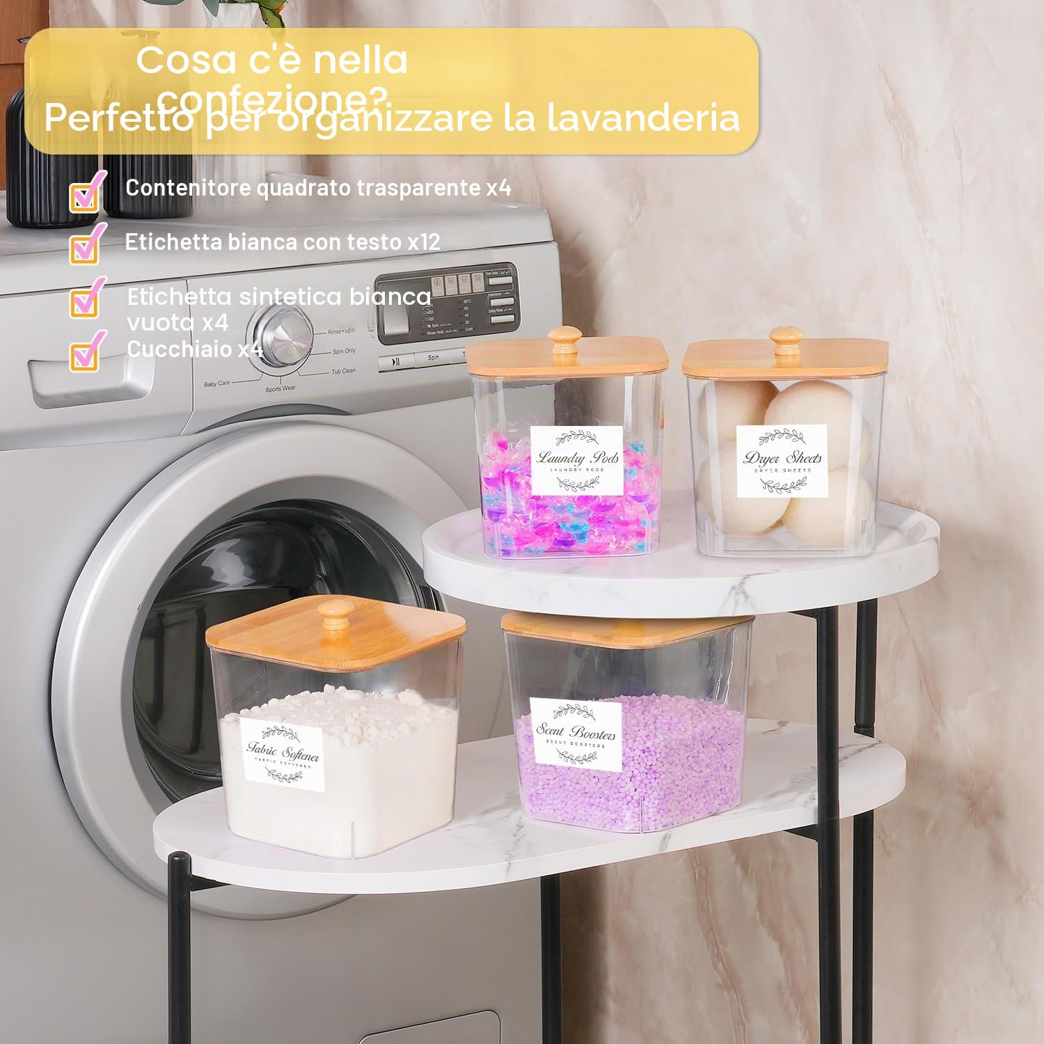 4 Grandi Contenitori per Capsule per Il Bucato, Contenitore per Detersivo con Coperchio, Contenitore Multiuso per Detersivo con 16 Adesivi e 4 Cucchiai per Lavaggio in Polvere, Fogli di Detersivo