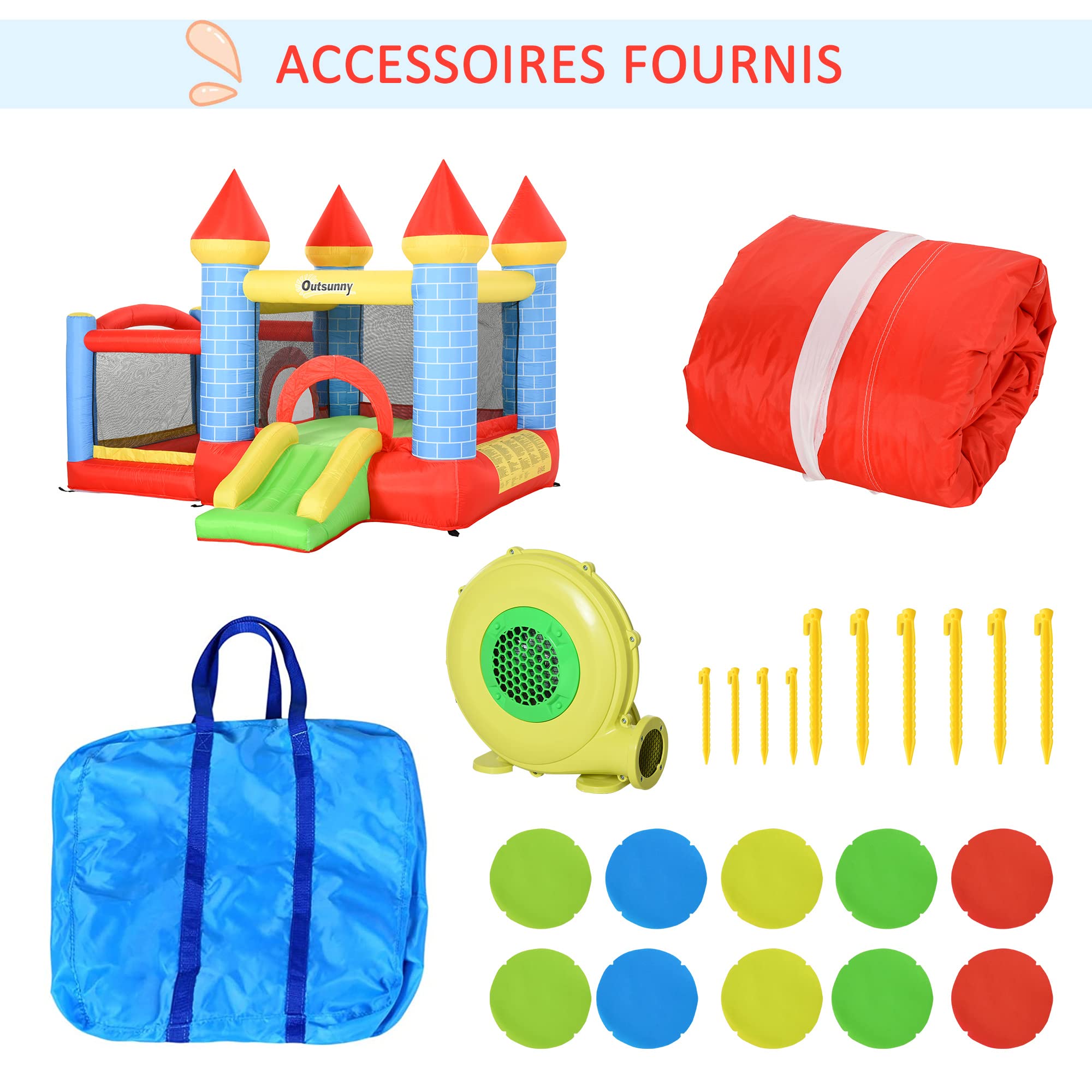 Outsunny Château Gonflable pour Enfants avec Trampoline Toboggan, souffleur 350W et Sac de Transport Inclus jusqu'à 3 Enfants dim. 280L x 260l x 210H cm Multicolore