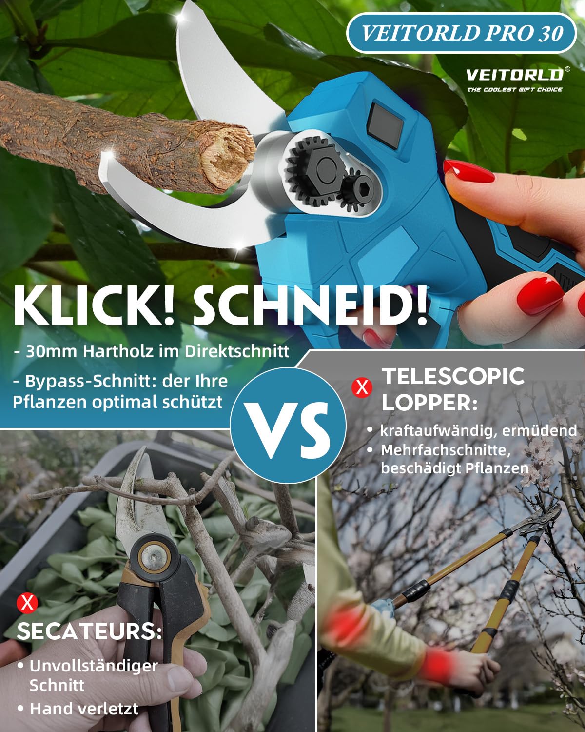 Veitorld Akku Astschere, 30mm Bürstenloser Motor Gartenschere mit 2 Akku 2000mAh, Elektrische Bypass-Baumschere für Makita 18V Akku, Ergonomischer Griff, Geschenke für Männer Frauen