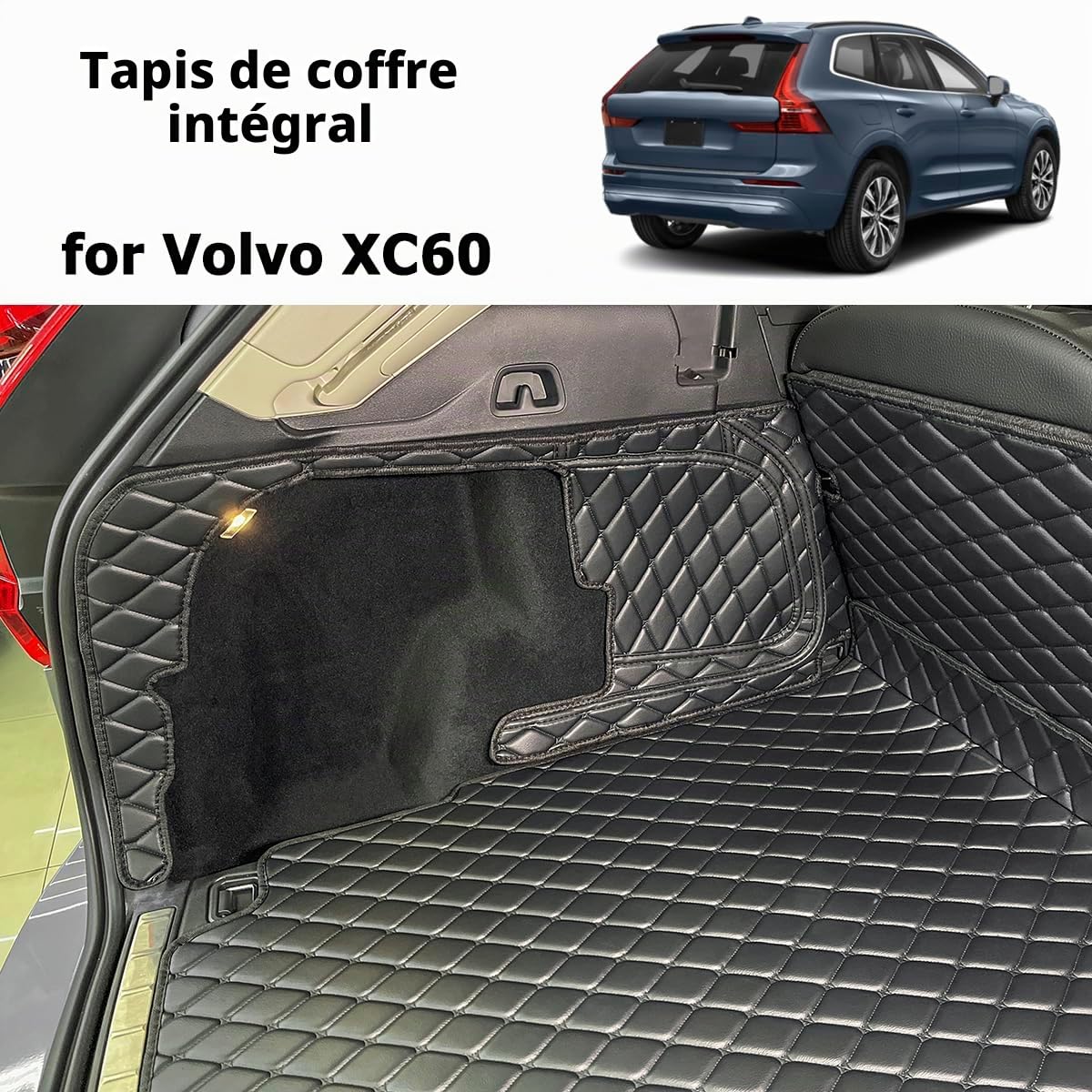Tapis de coffre compatible avec Volvo XC-60 (XC60) 2017-2026 (et panneaux latéraux arrière gauche et droit) Tapis de coffre adapté aux chiens