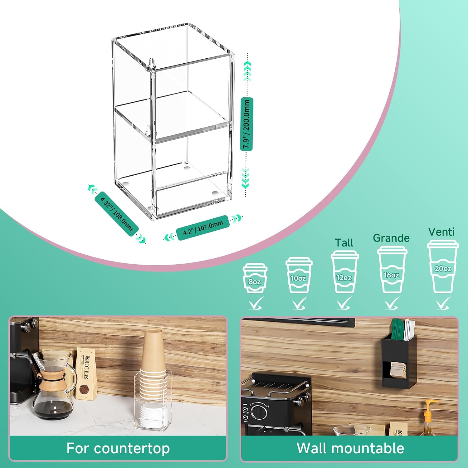 2-Tier Coffee Station Organizer for Countertop, 2 Compartments Clear Acrylic Cup and Lid Holder Tea Condiment Storage Upright Coffee Bar Organizer Pod Dispenser for Office Breakroom Home Kitchen image 5