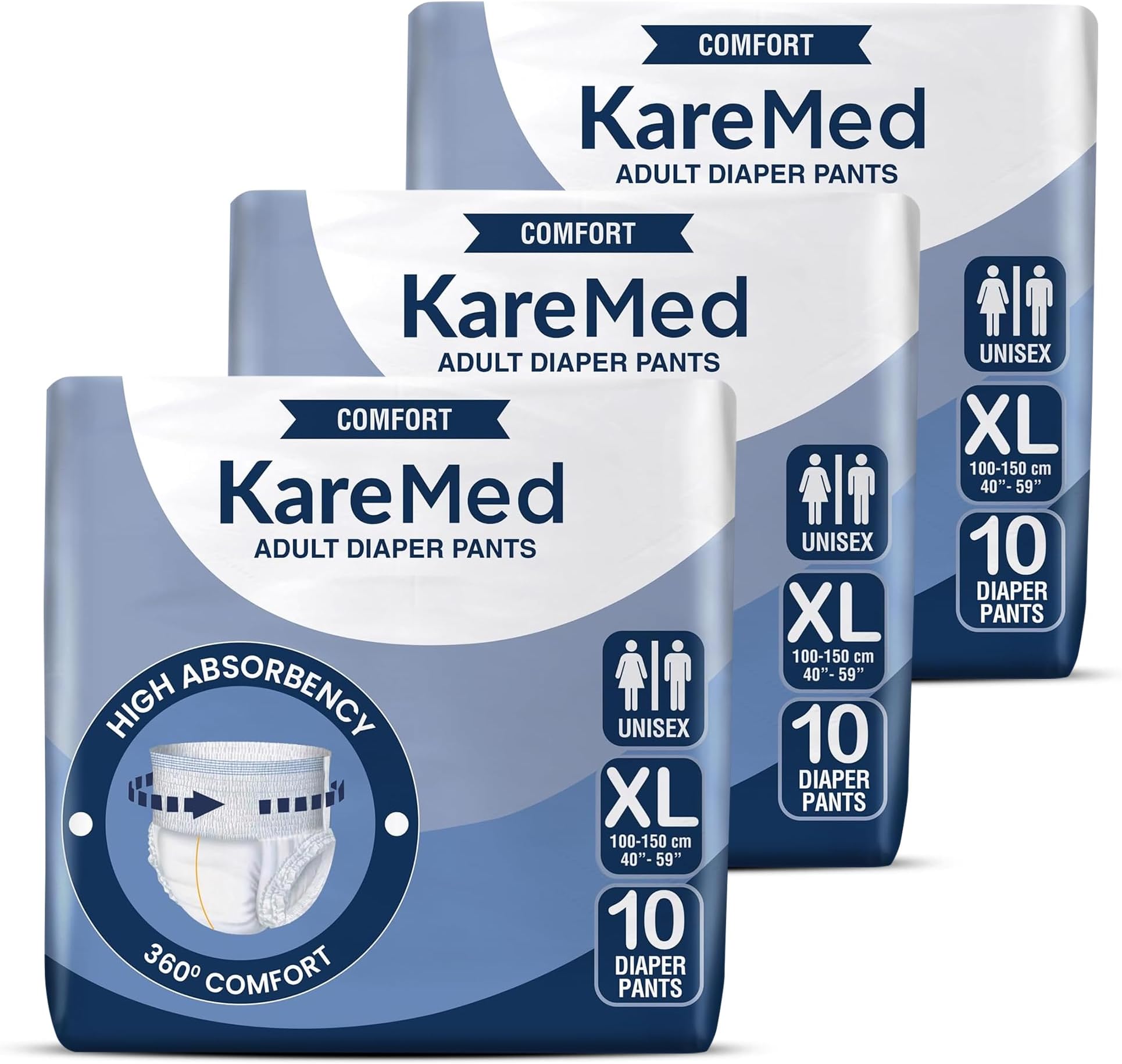 KareMed Comfort Adult Diaper Pants, Extra Large 100-150 Cm (40"- 59"), Unisex, Leakproof, Elastic Waist, Wetness Indicator, Pack of 3, 30 Count