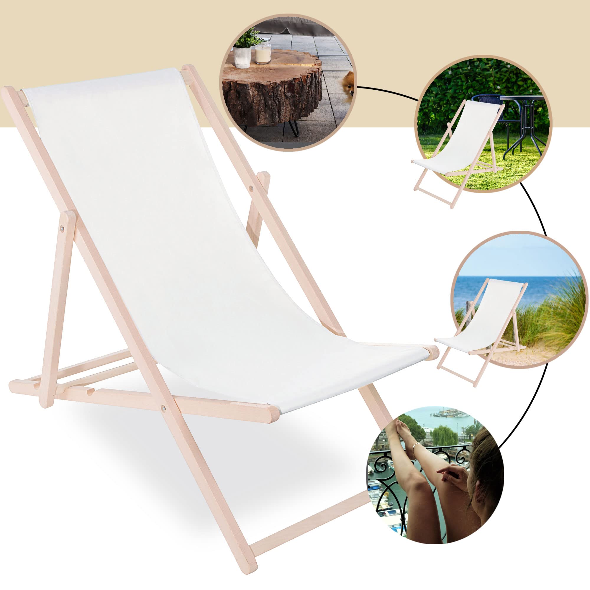 SPRINGOS - Sedia a sdraio pieghevole in legno massiccio, per giardino e piccoli balconi, sistema di sicurezza in 3 posizioni, pieghevole, in legno e tessuto