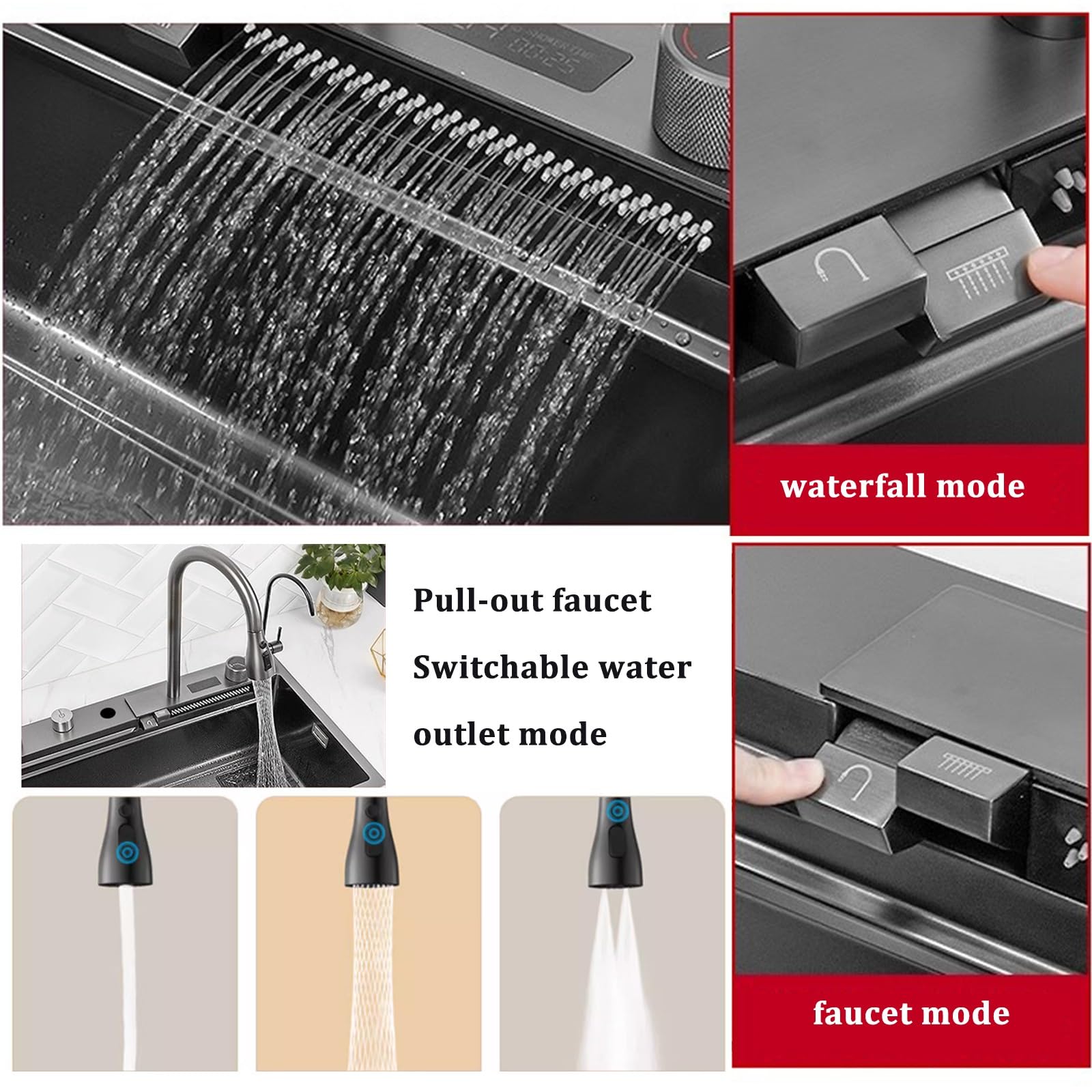 Schwarze Multifunktionsspüle Aus Edelstahl Mit Wasserfall-Wasserhahn 75/80/85/90 Cm Komplettes Zubehör(90x50x22cm)