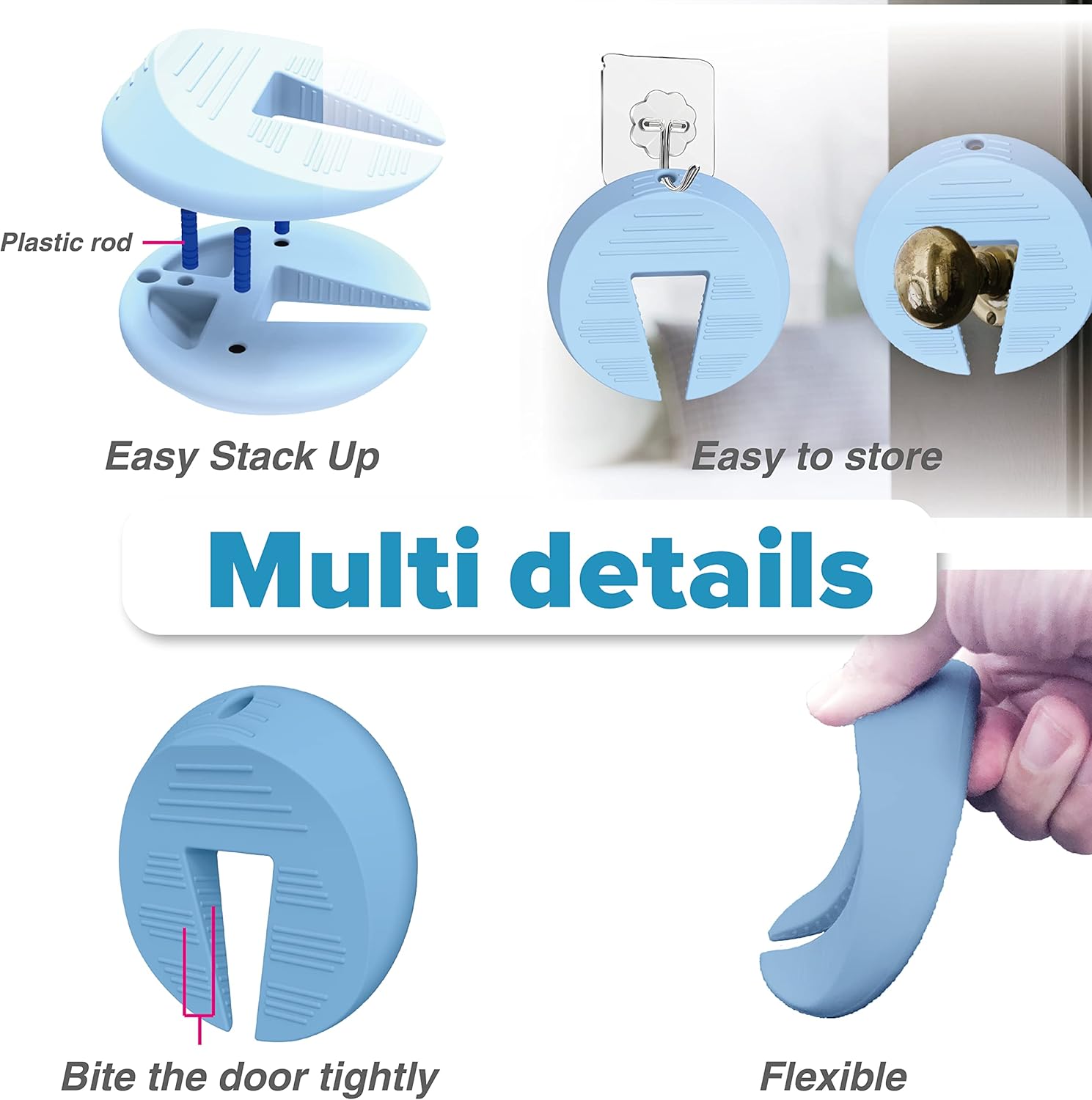 Neobay Upgraded Silicone Door Pinch Guard and Door Stoppers 2 Functions in 1 with 4 Free Hooks, Heavy Duty Finger Pinch Guard Prevents Finger Pinch Injuries, Slamming Doors. 4 Packs, Blue