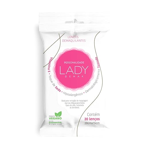Lenço Umedecido Demaquilante Hipoalergêncio Toque de Seda Personalidade Lady Demak 20 unidades 20cm X 15cm