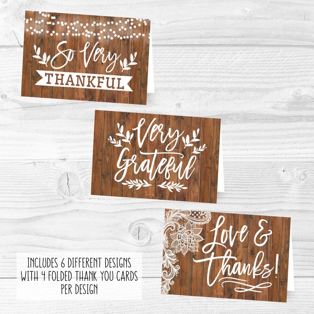 24 Rustic Wood Thank You Cards With Envelopes, Great Note For Adult Funeral Sympathy or Gift Gratitude Supplies For Grad, Birthday, Baby or Country Western Bridal Wedding Shower For Boy or Girl Kid