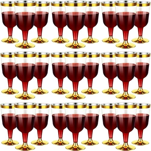 CHENGU 100 copas de vino desechables de plástico con borde dorado de 7 onzas de plástico duro transparente con tallo para boda, cumpleaños,