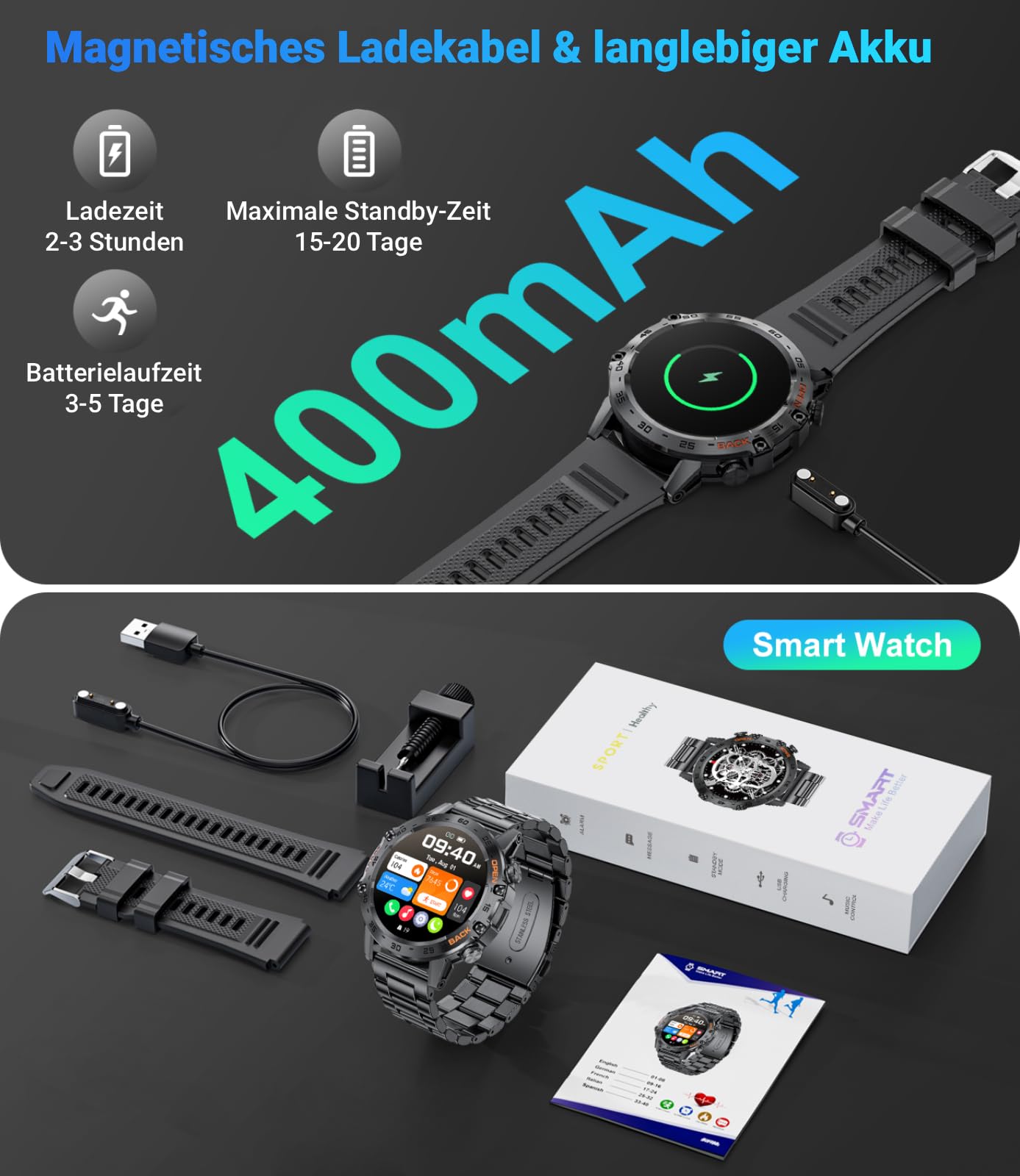 LIGE Smartwatch Herren mit Telefonfunktion, 1,39 Zoll Militär Smart Watch mit 24H Herzfrequenz, Blutdruck, Schlafdauer, 100+ Sportmodi Fitnessuhr, 300+ Zifferblätter, IP67 Wasserfest, Schwarz