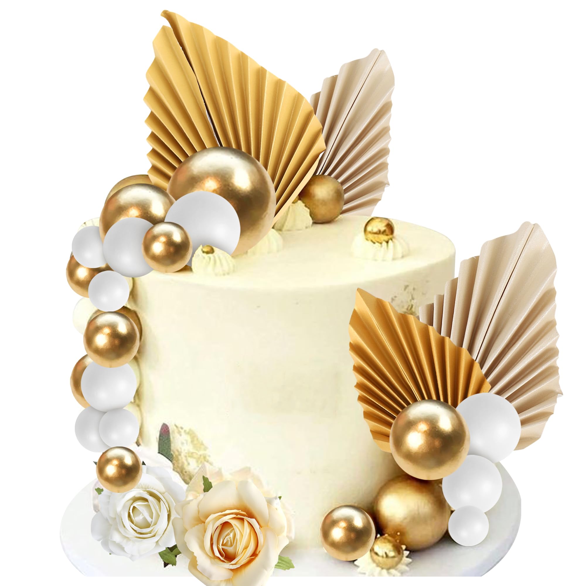 Rsstarxi 34 Pack Champagne Rose Cake Topper Palm Leaves Gold Mini Balls Artificial Flower Cake Pick for Bohemian Boho Wedding Bithday Valentine's Day