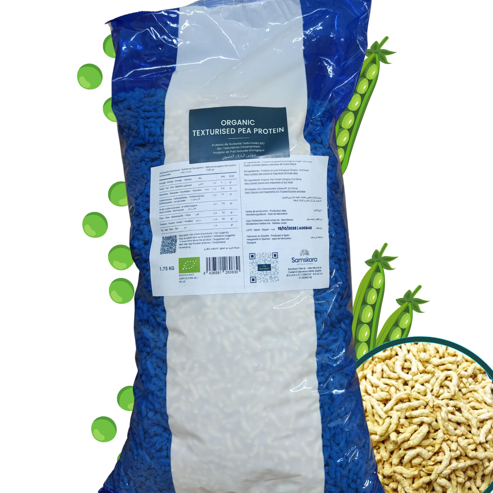 Proteína de Guisante Texturizada 1,75 kg | origen Dinamarca | 100% Natural ALTO contenido PROTEINA de planta | carne vegetal sin soja | Envasado en 2026 | Formato ahorro
