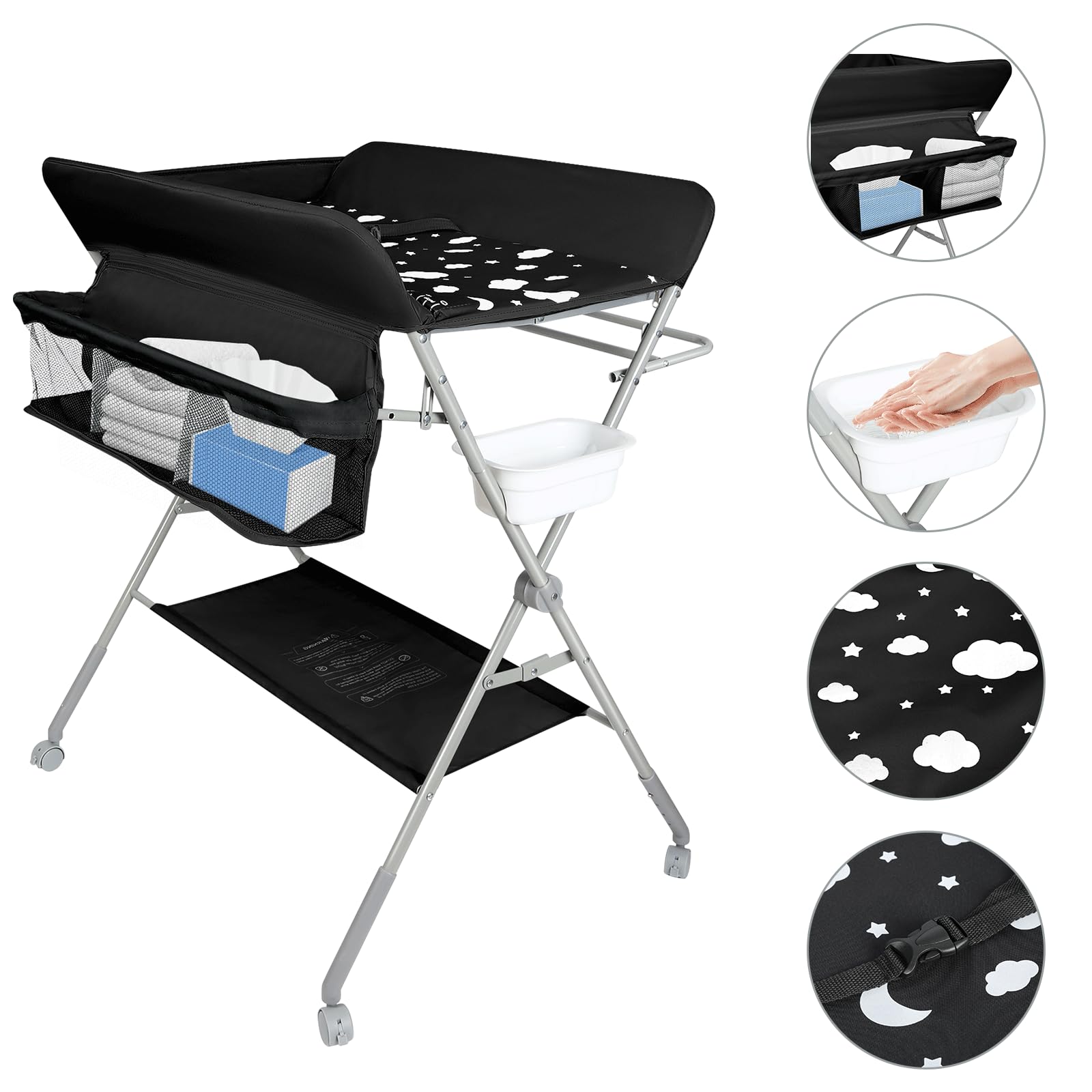 OHMG Baby Table à langer pliable, Table à langer avec roulettes, Table à langer mobile avec matelas à langer, Harnais de sécurité et étagères, Imperméable et réglable en hauteur, Stable