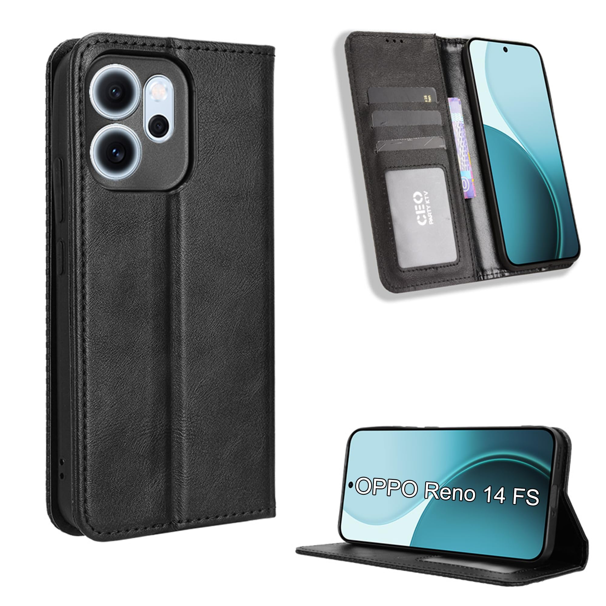 Fitudoos Handyhülle für Oppo Reno 14 F/FS 4G/5G Hülle Leder, Premium Leder Klapphülle [Kartenschlitzen] [Magnetverschluss] [Standfunktion] [Anti-Fall] [Anti-Kratzer] - Schwarz