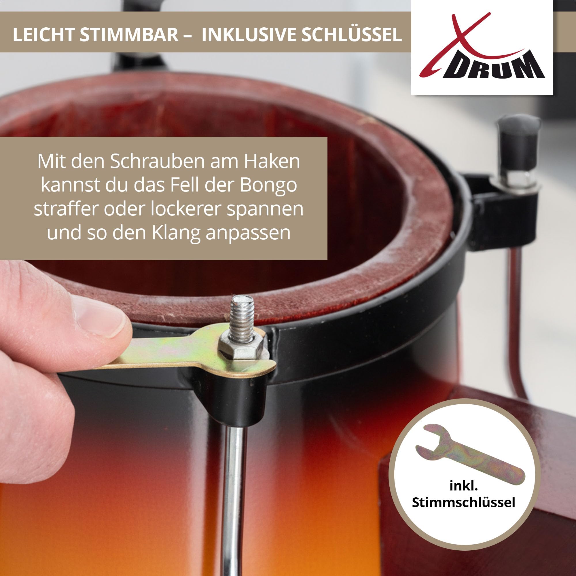 XDrum PERC Bongos Club Burdeos - 2 tambores de 6" y 7" - Bongos con parches naturales afinables y llave de afinación - Tambores de madera Vintage Sunburst