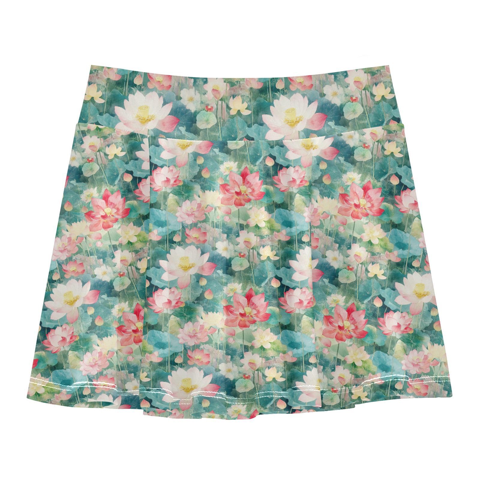 JUNZAN Watercolour Florals Girls Skirts with Shorts Flowy Kids Pleated Skort with Pockets Scort Skirt Little Girl