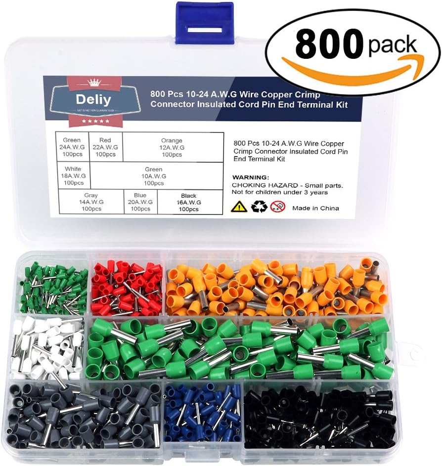 Deliy 800pcs 10-24 A.W.G Wire Copper Crimp Connector Insulated Cord Pin End Terminal Kit