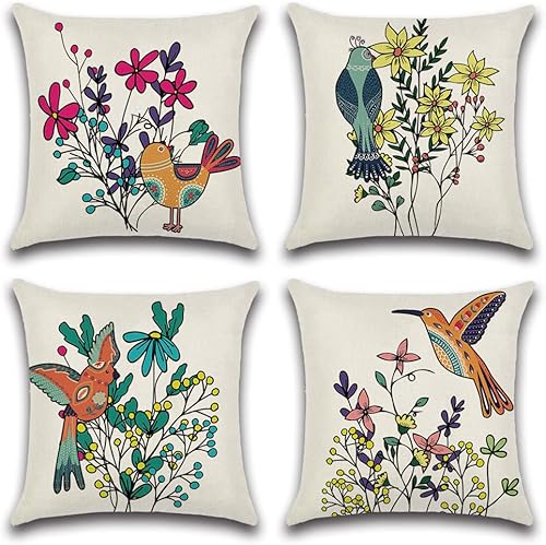 Artscope Juego de 4 fundas de almohada impermeables de 18 x 18 pulgadas, fundas de cojín decorativas con patrón de pájaro, perfectas para