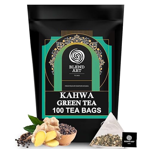 Blendart Bolsas de té verde Kahwa (7.05 onzas), jengibre, tulsi y sal de roca, 100 bolsas de té piramidales, mezcladas con hierbas y especias
