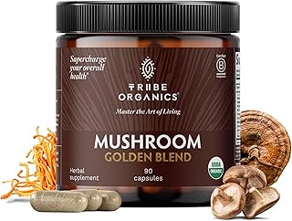 TRIBE ORGANICS Mushroom Golden Blend Vegan Capsules Supplement - Adaptogenic Mushrooms Powder Immune Support Supplement - 10-in-1 Mushrooms for Immunity Support & Brain Health - 90 Count 30 Servings