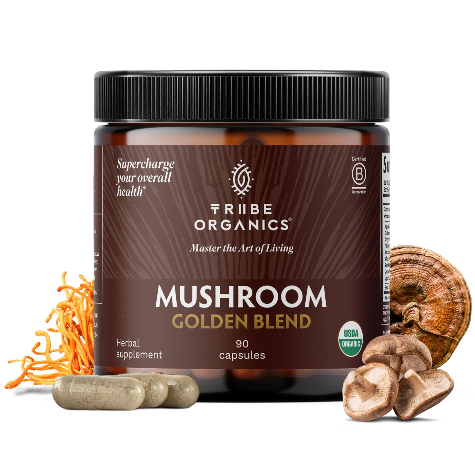 Mushroom Golden Blend Vegan Capsules Supplement - Adaptogenic Mushrooms Powder Immune Support Supplement - 10-in-1 Mushrooms for Immunity Support & Brain Health - 90 Count 30 Servings