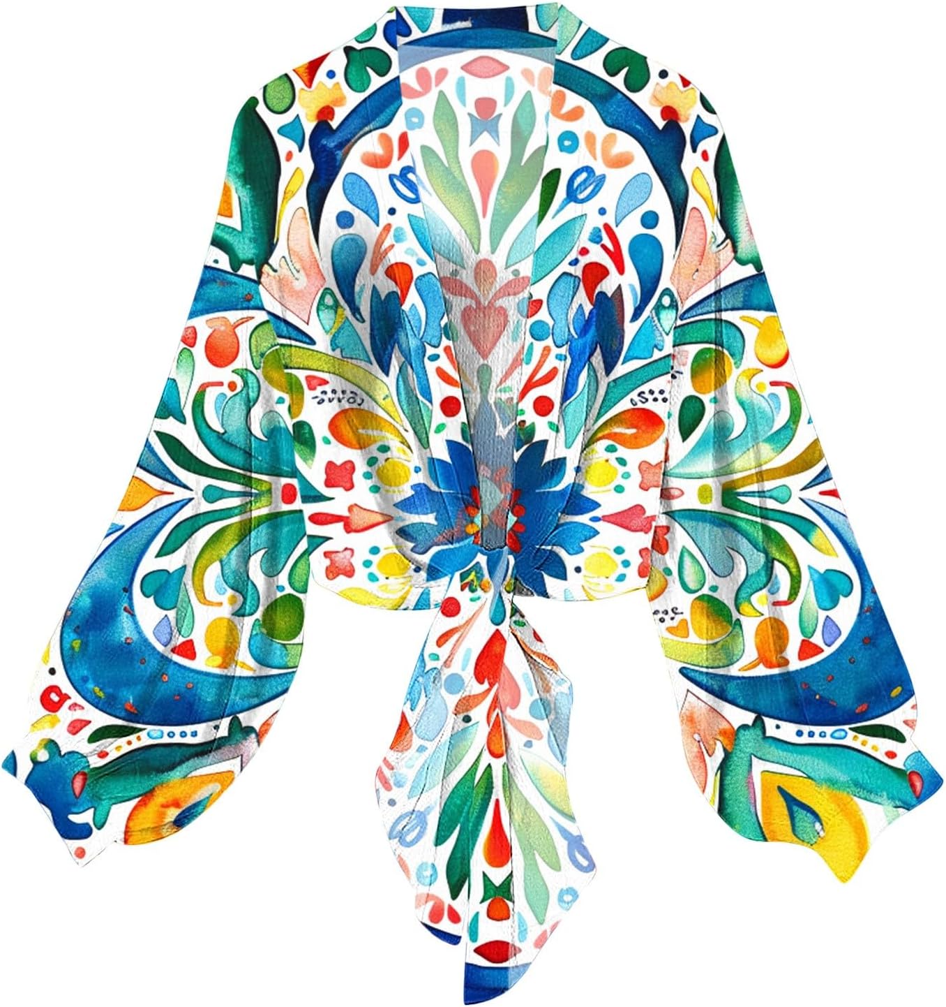 Women Tie Front Beach Cove Up Chiffon Kimono Crop Top Printed Swimming Bikini Bathing Long Sleeve Beach Shirt