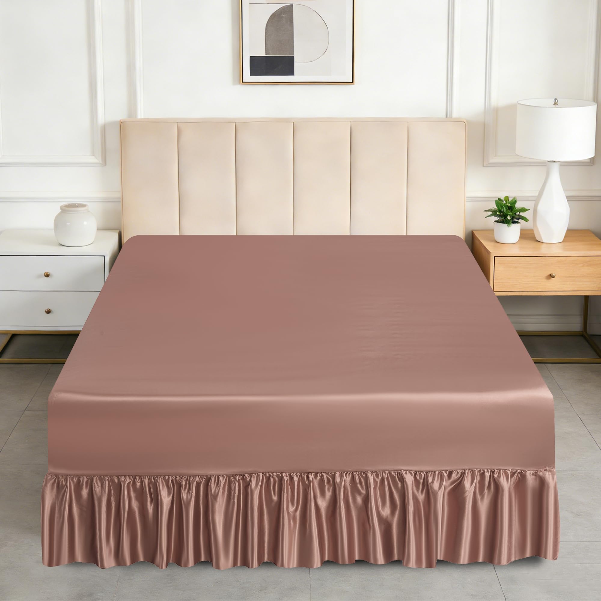 Satin Valance Sheet for Divan Base – Smooth Luxury Satin Fitted Sheet with 30cm Box & Bed Skirt with 35cm Drop Soft Easy Care Silky Bedding for UK Beds (Blush Pink, King)