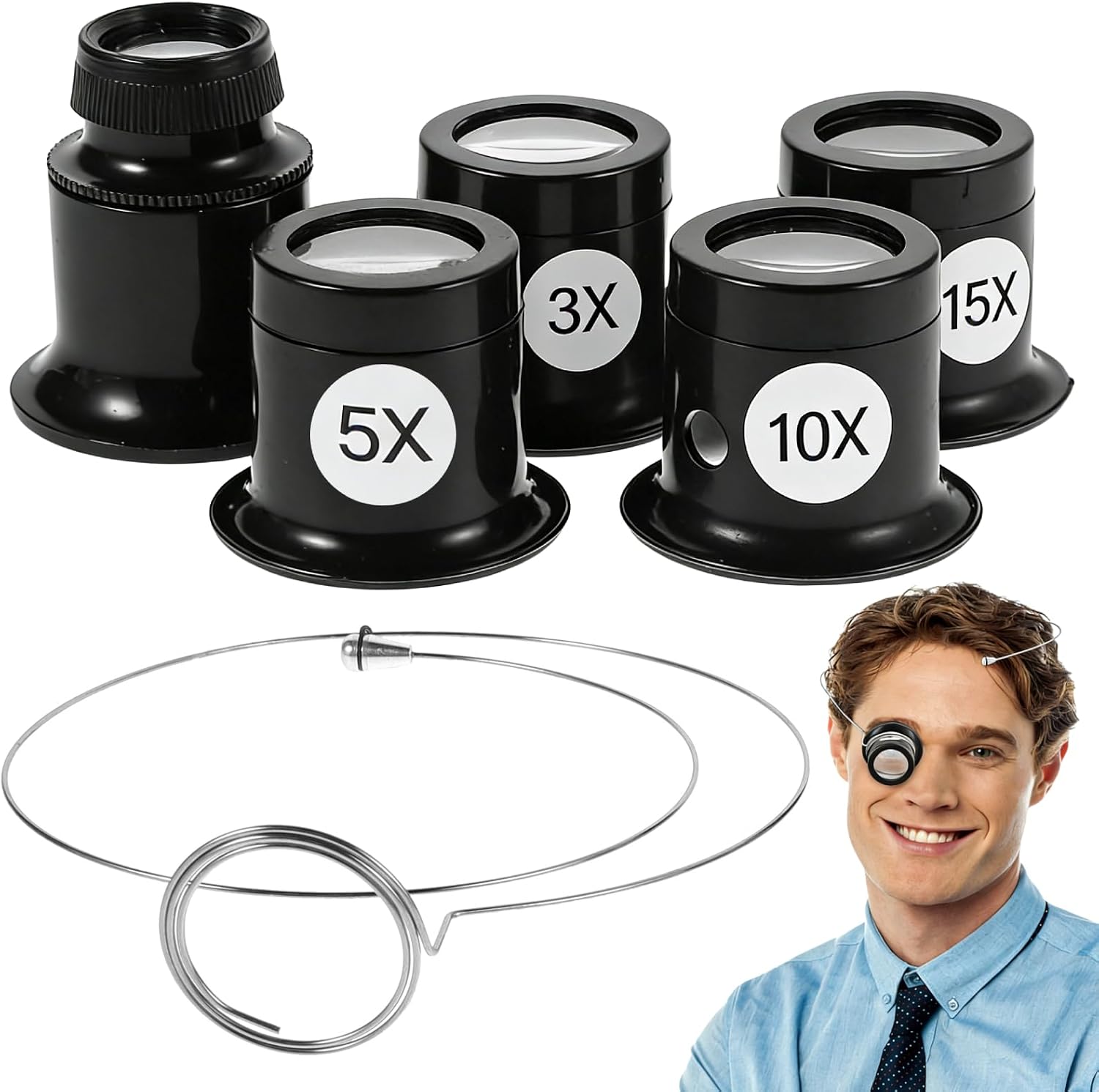 5pcs Jewelers Loupe with Holder - 3X/5X/10X/15X/20X Monocular Magnifier Magnifying Glass Eye Loop Magnifier - 30x35 mm Lens Watch Loupe Jewelry Experimental Repair Tool for Watchmaker