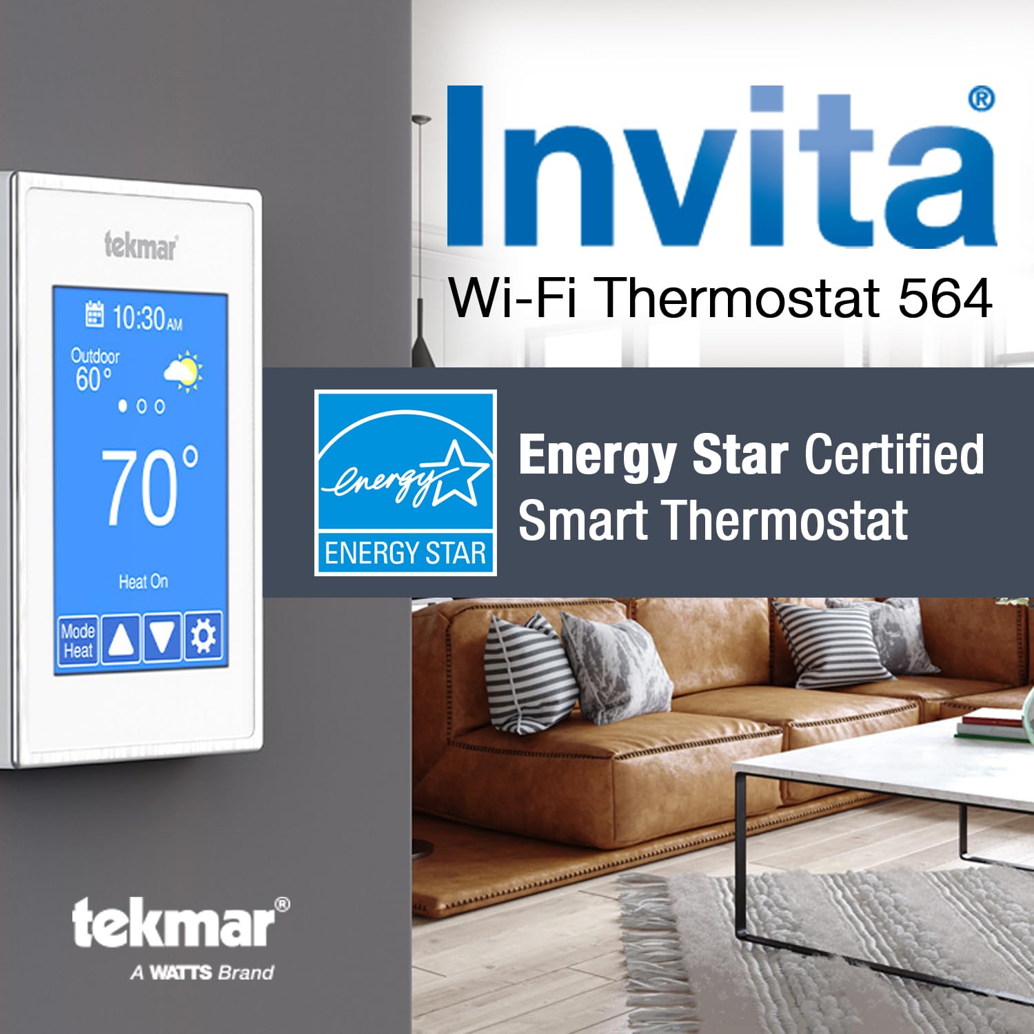 tekmar Invita - Termostato Wi-Fi | Calor de hasta 2 etapas, frío de 2 etapas, ventilador y 2 accesorios o calor de hasta 4 etapas, frío de 2 etapas, ventilador, válvula de marcha atrás y 1 accesorio |
