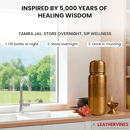 Vista 14 de Leathervine - Botella de agua de cobre 100 % puro para beber de 64 onzas con tapa, recipiente ayurvédico a prueba de fugas para apoyar la digestión