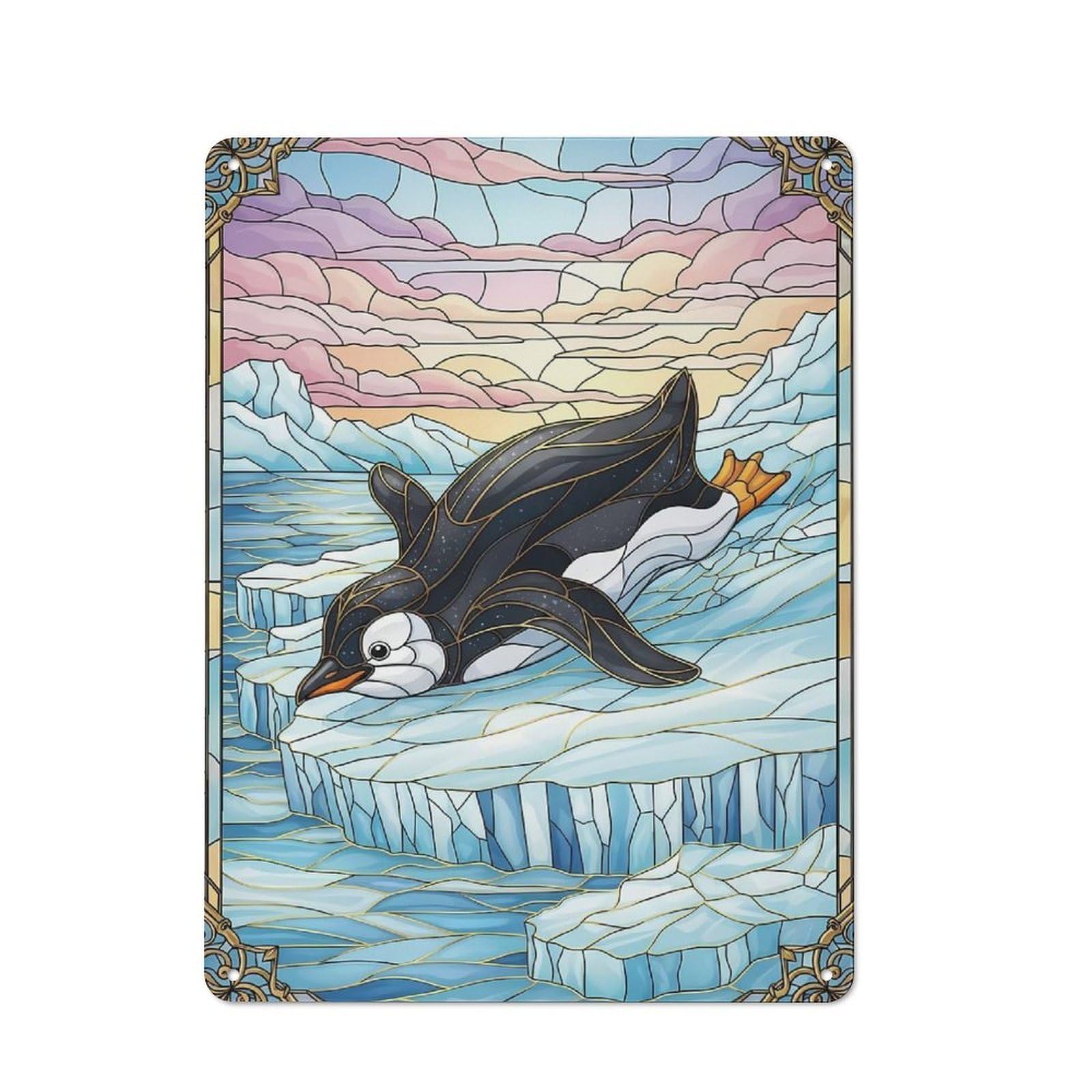 Junmoney Style-24 Metal Wall Sign 40X30cm Featuring Stained Glass Penguin On Ice For Café Or Home Bar, For Collectors Decorating Cafés And Home Bars