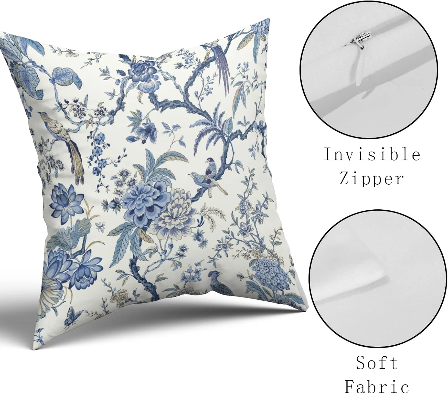 Sweetshow Chinoiserie Pillow Covers 24x24 Inch Set of 2 Blue and White Floral Birds Decorative Throw Pillows Rustic Vintage Flowers Pillow Cases Cotton Square Cushion Cover Decor for Couch Bed Sofa