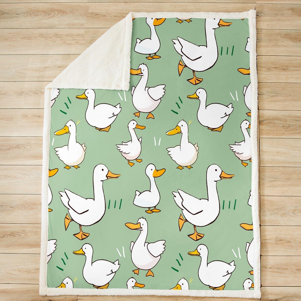 Homewish Cartoon Duck Throws Blanket,Cute Farmhouse Livestock Animal Sherpa Blanket for Girls Teens, Lovely Green Natural Themed Microfiber Fleece Blanket Room Decor, Throw Size (50 x 60 Inch)