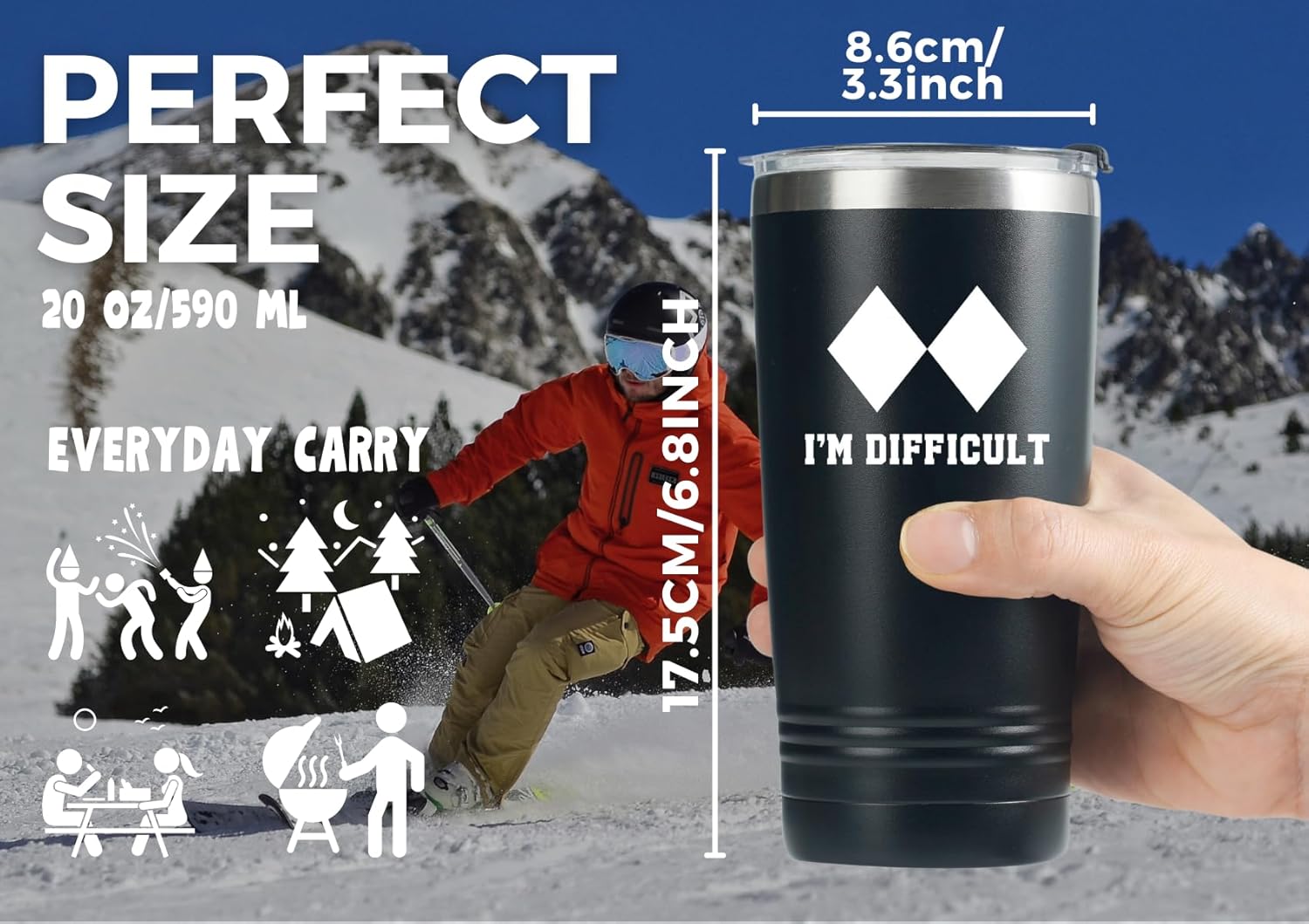 Onebttl Skiing Gifts for Men, 20oz Insulated Stainless Steel Tumbler, Perfect Ski Lovers Idea for Men/Male in Christmas, Birthday, Appreciation - I'M DIFFICULT - Image 3
