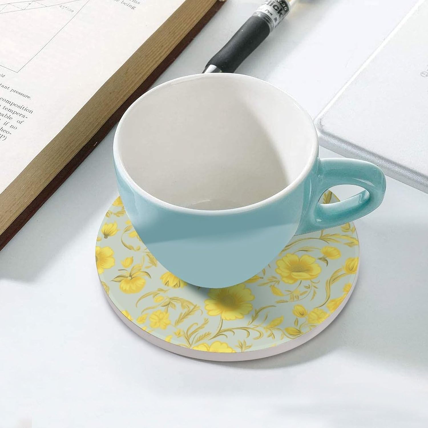 Yellow Flower Coaster with Cork Base Drink Coasters for Coffee Table Decor Modern Cup Coasters with Non-Slip & Heat-Resistant Cute Ceramic Table Coaster for Home Dining