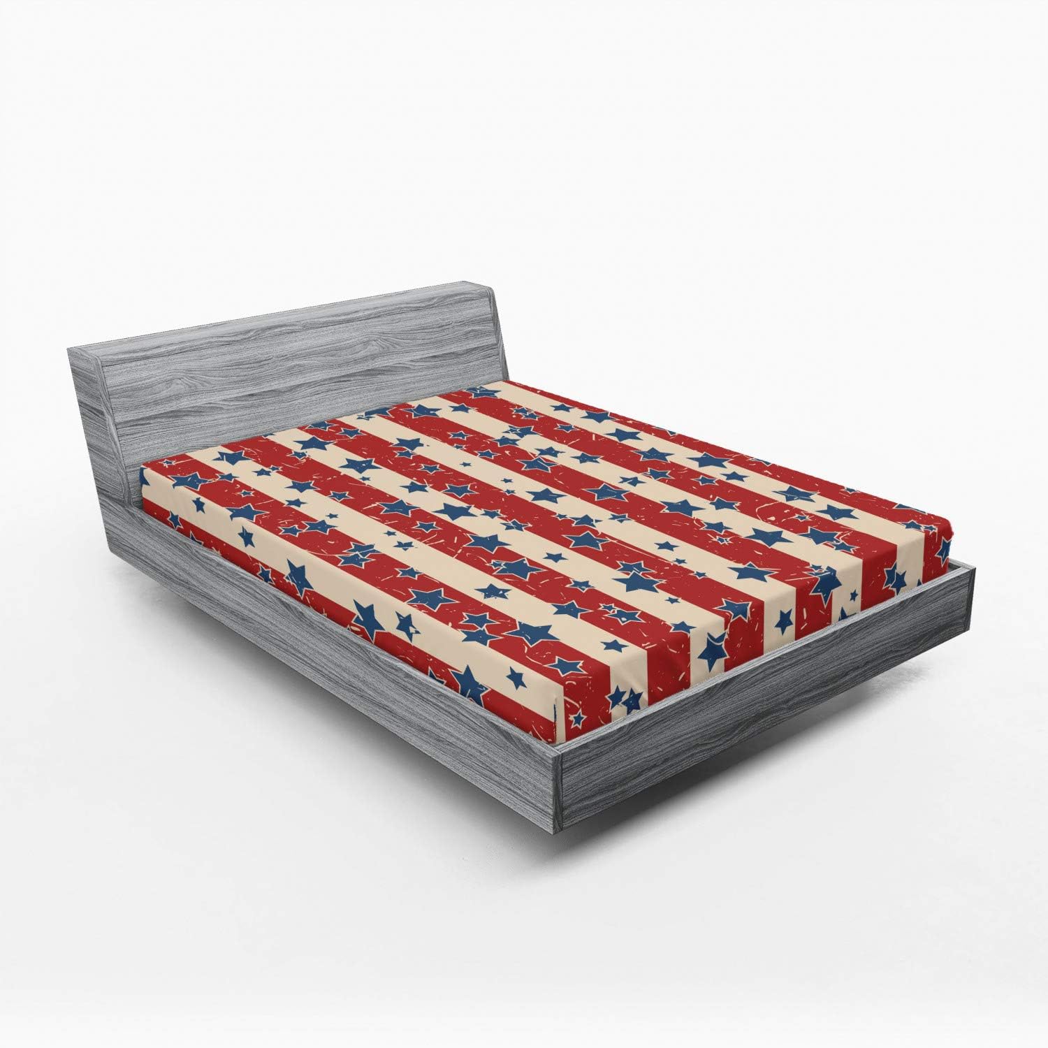 Ambesonne 4th of July Fitted Sheet, Patriotic Stars and Repetitive Stripes in Vertical Design Image, Bed Cover with All-Round Elastic Deep Pocket for Comfort, Queen Size, Beige Rust and Night Blue