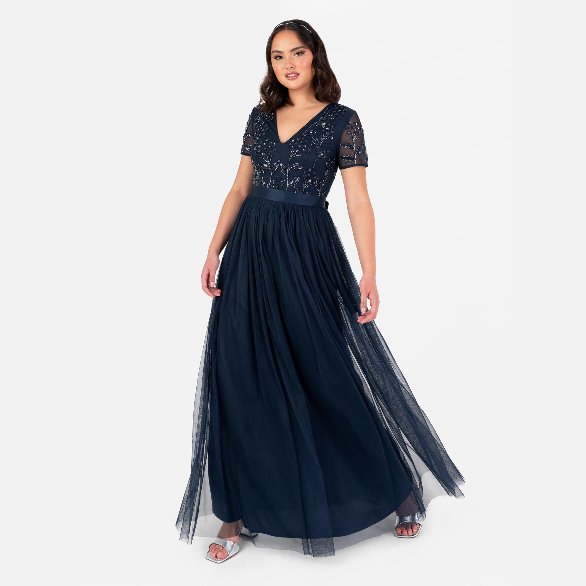 Maya Deluxe Damska sukienka Maxi Damska Kwiatowy Cekin Upiększony Dekolt w serek Krótki rękaw Tiul Sash Tie Belt Empire A-Line Druhna, Granatowy 38, granatowy, 36