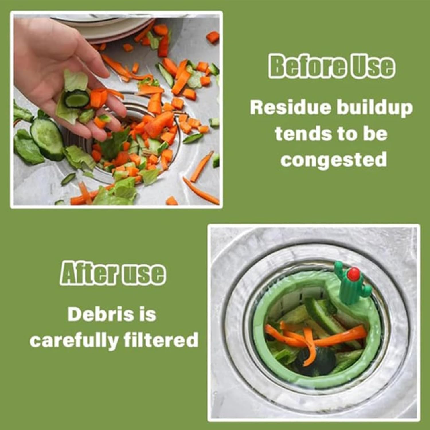 2-Pack Upgrade Sink Drain Strainer – Cactus-Shaped Automatic Dumping Basket With Press Mechanism, Large Capacity Kitchen Sink Filter (Green/Yellow, 10.8cm)