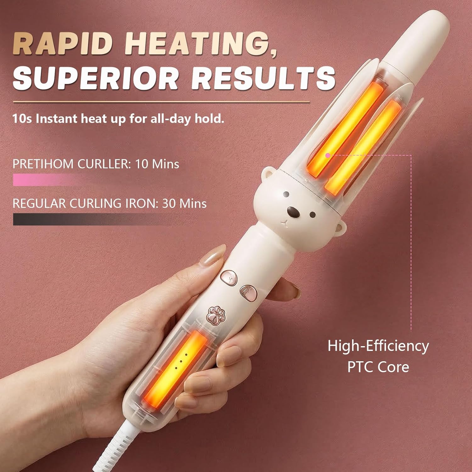 PretiHom Automatic Rotating Curling Iron - 1.1 Inch (28mm) Curling Wand for Beach Waves, Anti-Scald, Anti-Tangle, Ceramic Coating, Dual Voltage, Hair Curler for Women, All Hair Types