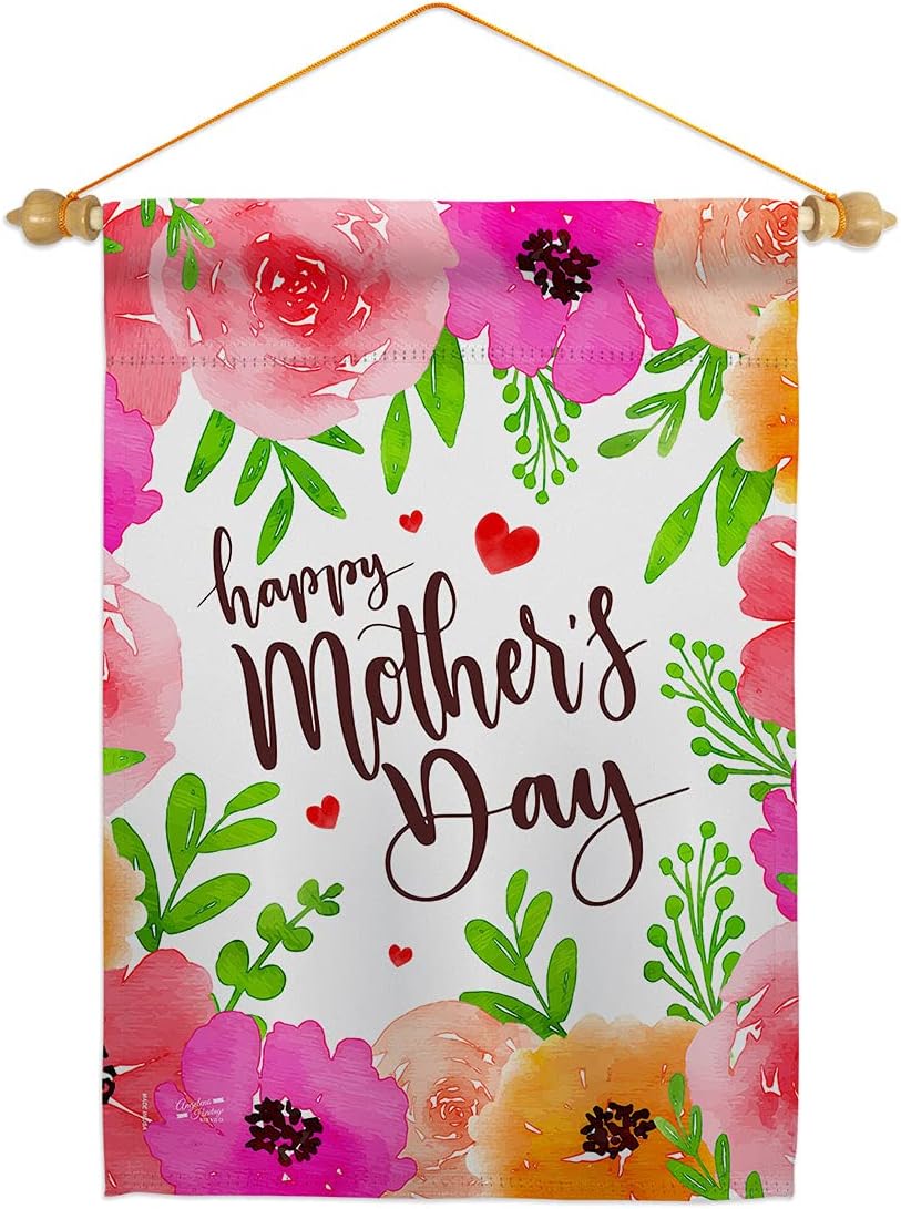 Colorful Happy Mothers Day Garden Flag Set Wood Dowel Family Mother Mom Mama Grandma Love Flowers Parent Sibling Relatives Grandparent Small Gift Yard House Banner Made In USA 13 X 18.5