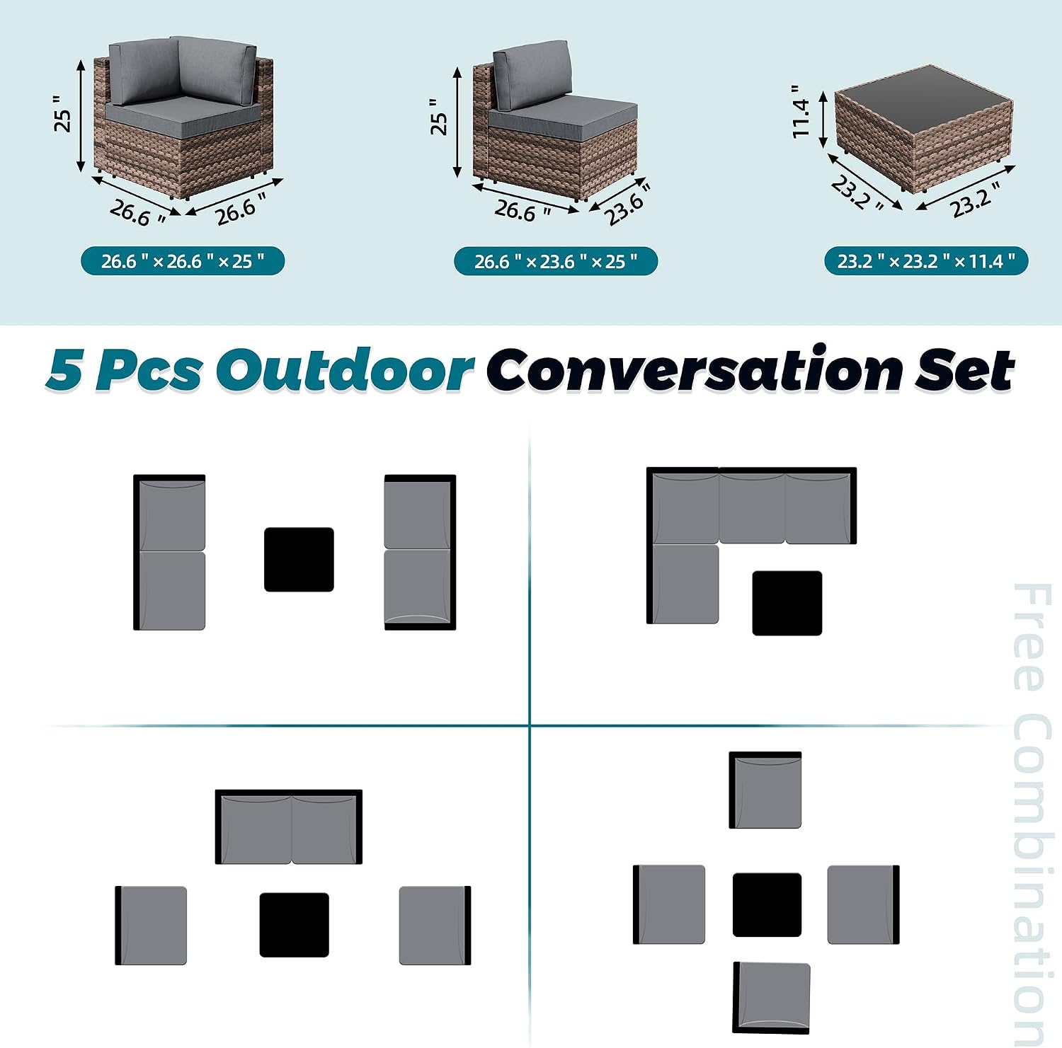 SUNLEI 5 Piece Patio Furniture Sets, Low Back All-Weather Rattan Sectional Sofa with Tea Table&Washable Couch Cushions, Patio Furniture Sets, Brown Rattan
